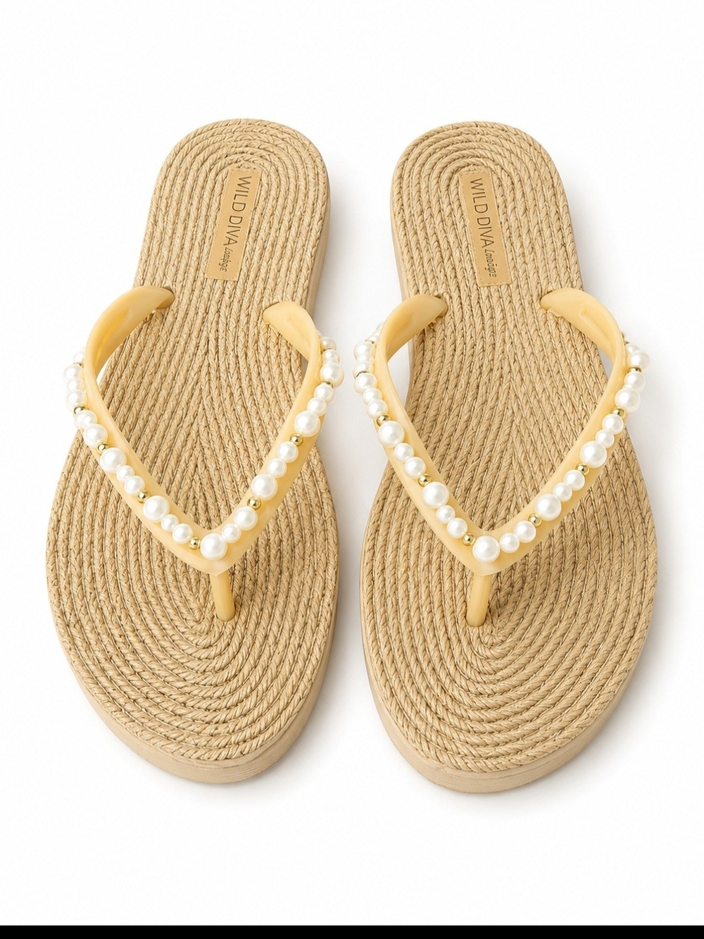 Wild Diva Beige Pearl-Trim Flip Flop Sandals